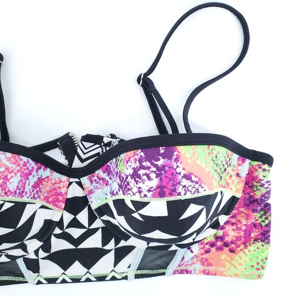 River Island Geometric Colorblock Mesh Bikini Top Zip Back Adjustable Straps 12 - Picture 2 of 8